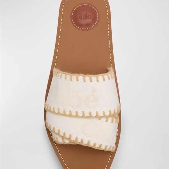 NIB Chloé X High Summer Woody Linen Logo Whipstitch Sandals Vanilla Ice 37 (7) - Picture 2 of 15